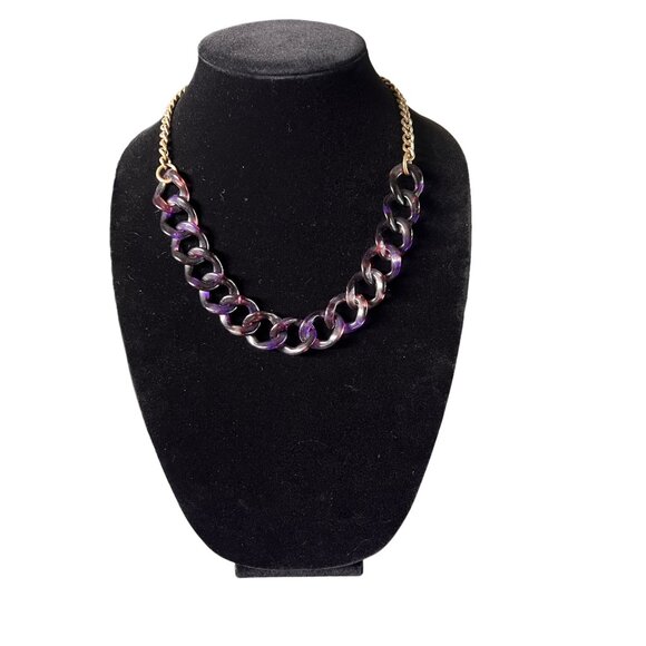 J.Crew Chunky Purple Marbled Acrylic Chain Link Necklace With Brass Tone… - Picture 1 of 9